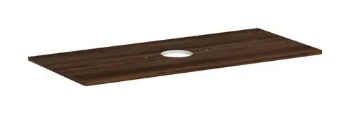 Dunkle Holzkonsole mit mittigem Ausschnitt für Aufsatzwaschtisch, zur Verwendung in Verbindung mit Hansgrohe Waschbecken. Keine Hahnlochbohrung sichtbar.